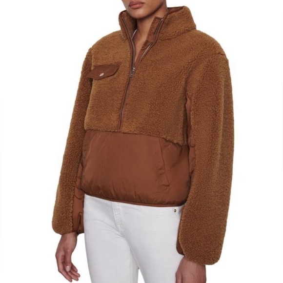 Frame Denim brown Sherpa fleece mix cropped zippered pullover jacket Sz M - Picture 2 of 8